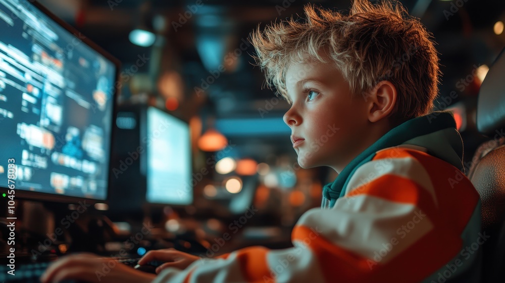 A young boy intensely focuses on programming at his computer, illustrating curiosity and determination. The dimly lit room emphasizes his computer screen's glow. A young boy intensely focuses on programming at his computer, illustrating curiosity and determination. The dimly lit room emphasizes his computer screen's glow.
