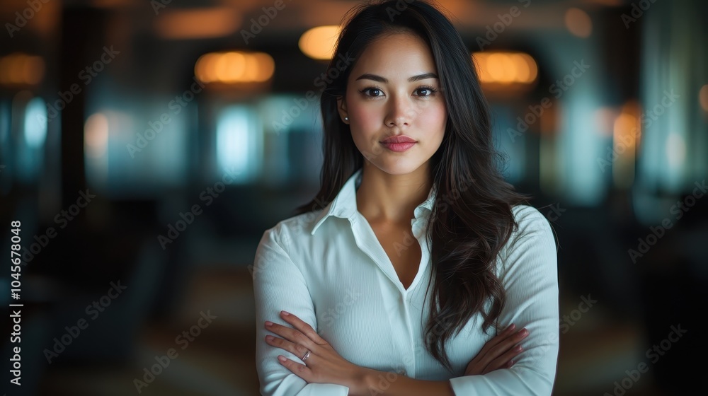 A confident businesswoman stands poised with crossed arms, exuding professionalism and determination in a softly lit environment, demonstrating leadership qualities and strength. A confident businesswoman stands poised with crossed arms, exuding professionalism and determination in a softly lit environment, demonstrating leadership qualities and strength.