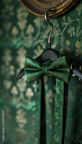 Stylish Green Bow Tie and Suspenders with Shamrock Patterns for St. Patrick's Day Celebrations photo