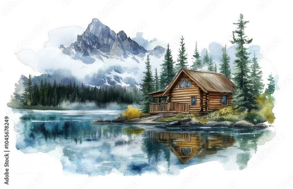 Fototapeta premium Watercolor hand-drawn log cabin on the lake with pine trees illustration, горами, PNG element with a transparent background.