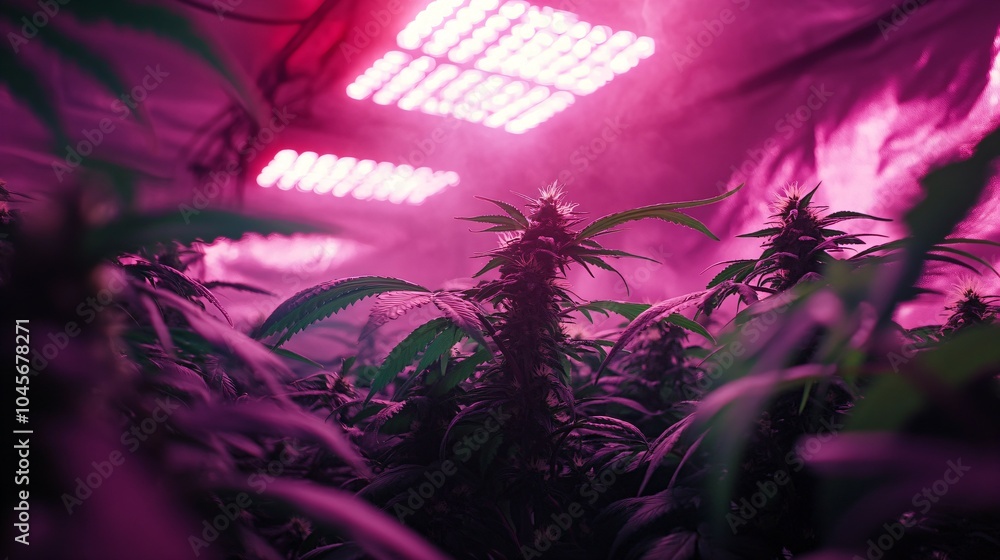 Fototapeta premium Cannabis plants thriving under high-intensity led lighting in a controlled indoor environment.