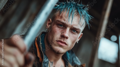 Moody young man with striking blue hair and intense gaze grips a metal bar determinedly, set in a gritty outdoor environment suggesting resilience. photo