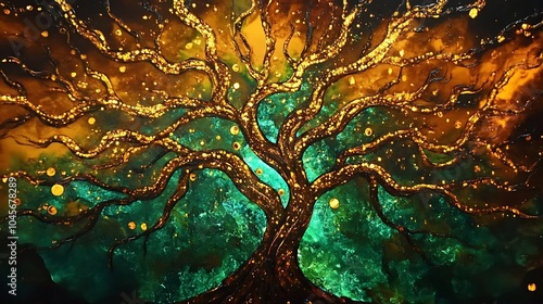 Golden Tree with Green Background Abstract Painting