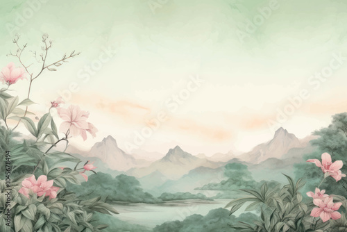 Serene floral mountain landscape painting