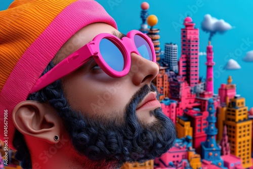 A trendy individual sporting bright pink sunglasses and a colorful hat looks up at a lively cityscape, exuding a sense of modern fashion and urban excitement. photo