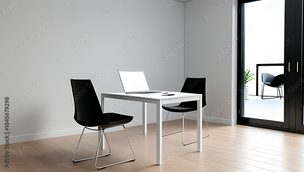 laptop sits table three chairs model laptop sits table three chairs model
