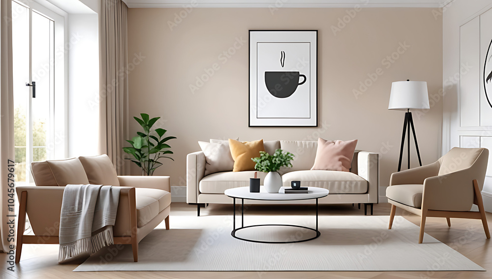living room interior features coffee table beige chair mock poster wall home design rendering style living room interior features coffee table beige chair mock poster wall home design rendering style