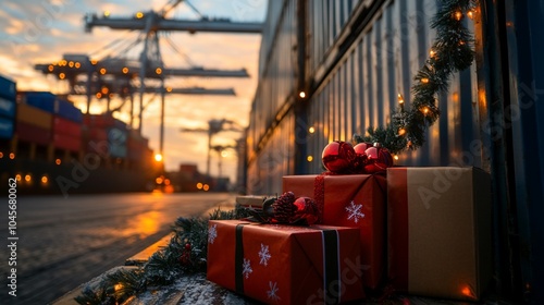 Christmas gifts on a dock with container ships and cranes in the background.