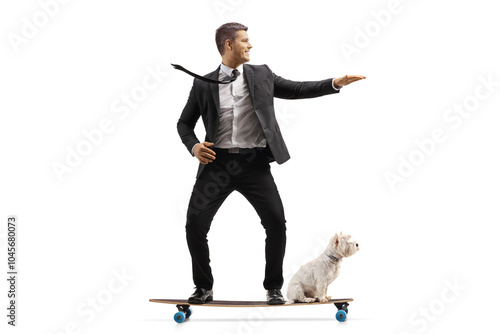 Businessman in a black suit with a dog riding a skateboard photo