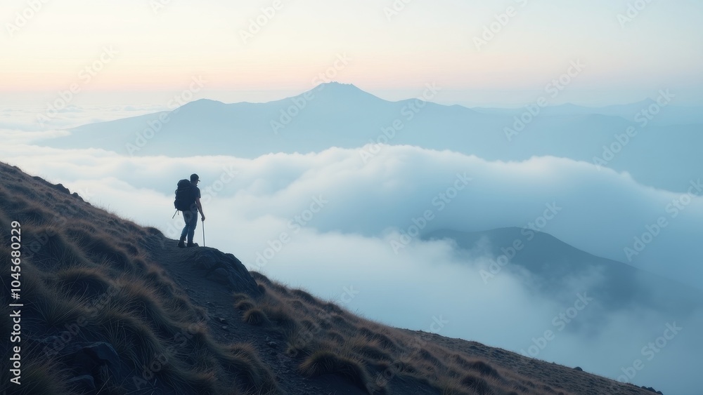 Obraz premium Lone Hiker Silhouetted Against Ethereal Mountain Landscape and Rolling Fog