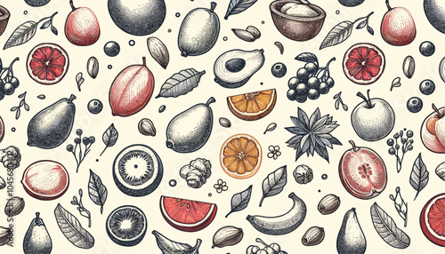Colorful seamless pattern of assorted fruits in a playful and vibrant design