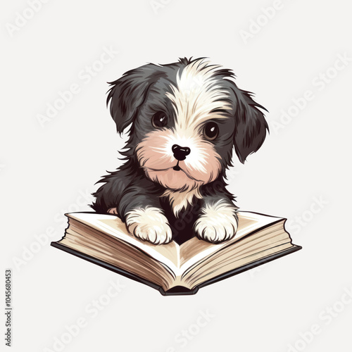 Adorable puppy reading book