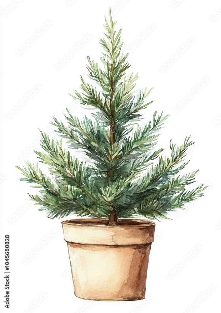 Small potted evergreen tree in a clay pot, ideal for indoor decoration during winter months Small potted evergreen tree in a clay pot, ideal for indoor decoration during winter months