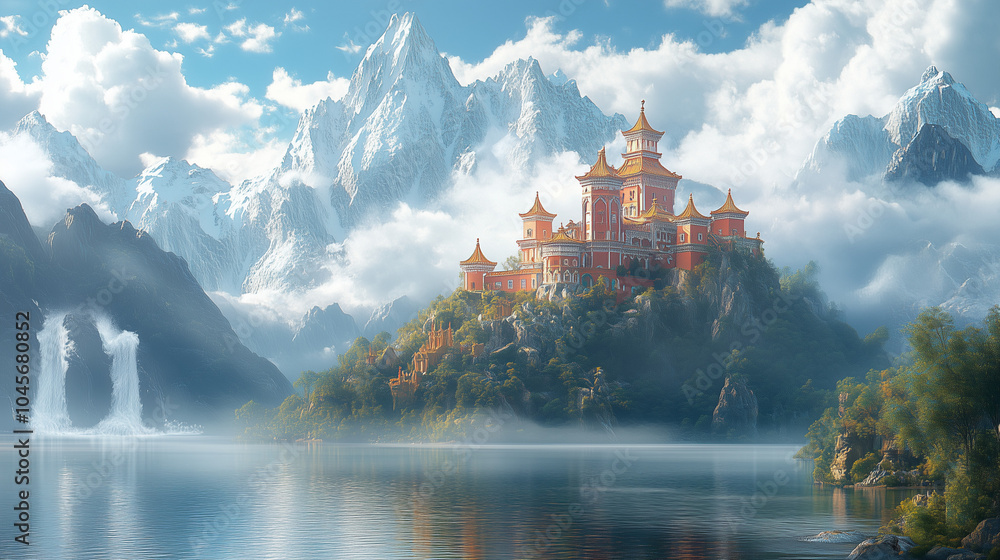 Obraz premium Ancient Chinese Palace in Misty Mountain Landscape with Reflective Lake 