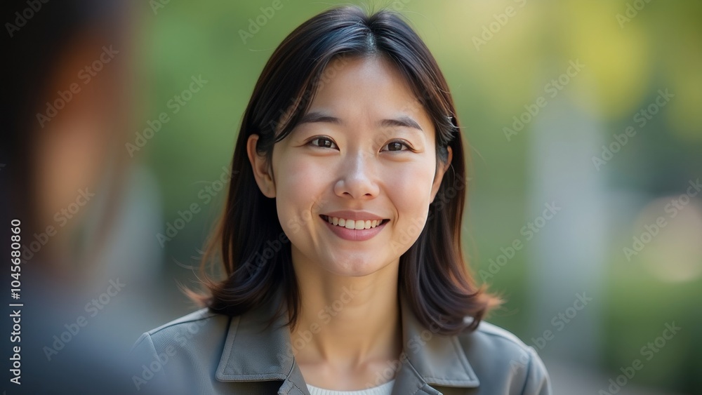 Professional Interview with a Smiling Japanese Woman in Natural Light Professional Interview with a Smiling Japanese Woman in Natural Light