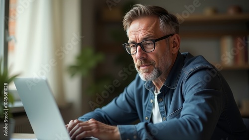 Diligent Older Man with Headset Utilizing Laptop for Virtual Communication