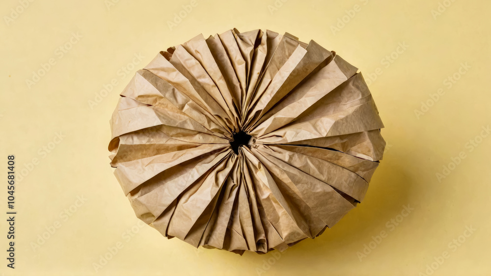 Obraz premium Crumpled sheet of craft paper in the shape of an apple, on a pale yellow background. Copy space.