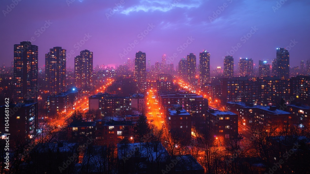 Fototapeta premium A vibrant cityscape at night, illuminated by streetlights and buildings under a purple sky.