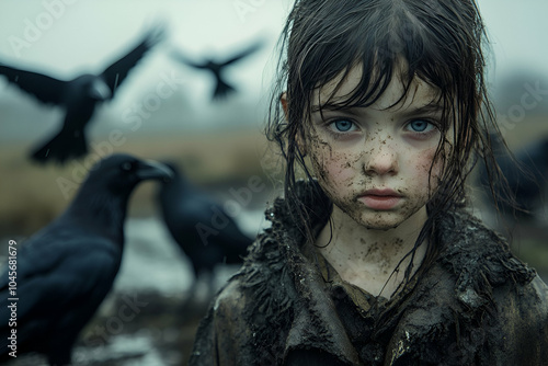 A somber portrait of a dirty young girl amidst crows in a misty, eerie landscape, evoking themes of nature and solitude. photo