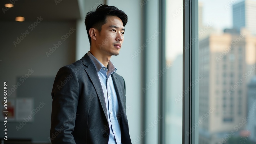 Focused Young Businessman Gazing Out of Window in Bright Office Setting Focused Young Businessman Gazing Out of Window in Bright Office Setting