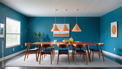 mid century style dining room features wooden tables chairs blue wall photo