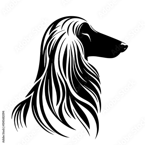 A black and white silhouette of Afghan Hound, minimalist stroke, minimalist art style, vector, isolated, transparent background 