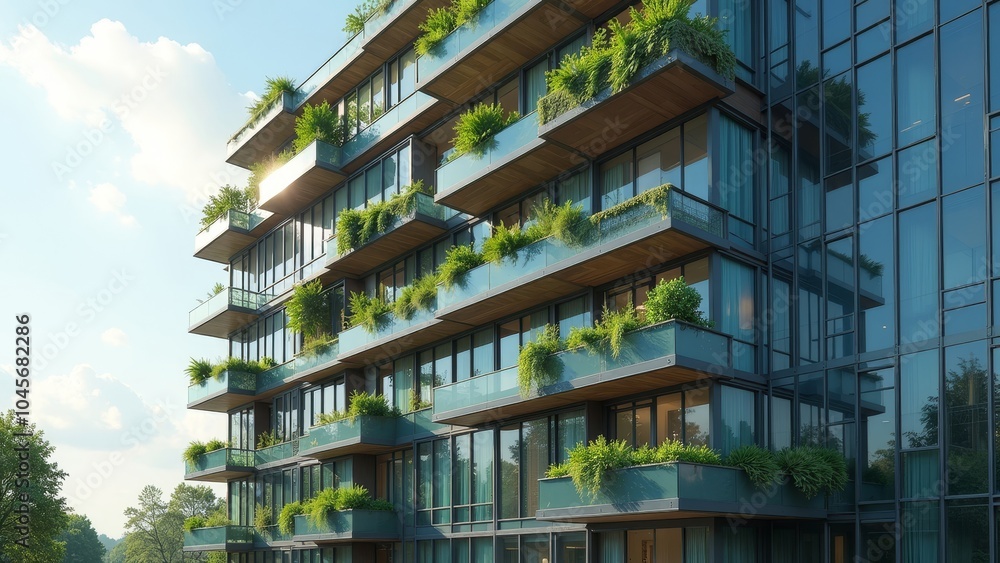 Obraz premium Stunning Modern Glass Office Building with Lush Green Terraces