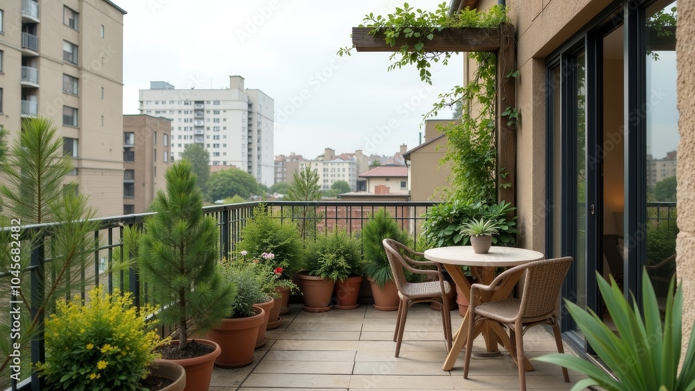 Stylish Urban Balcony with Potted Plants and Dining Area