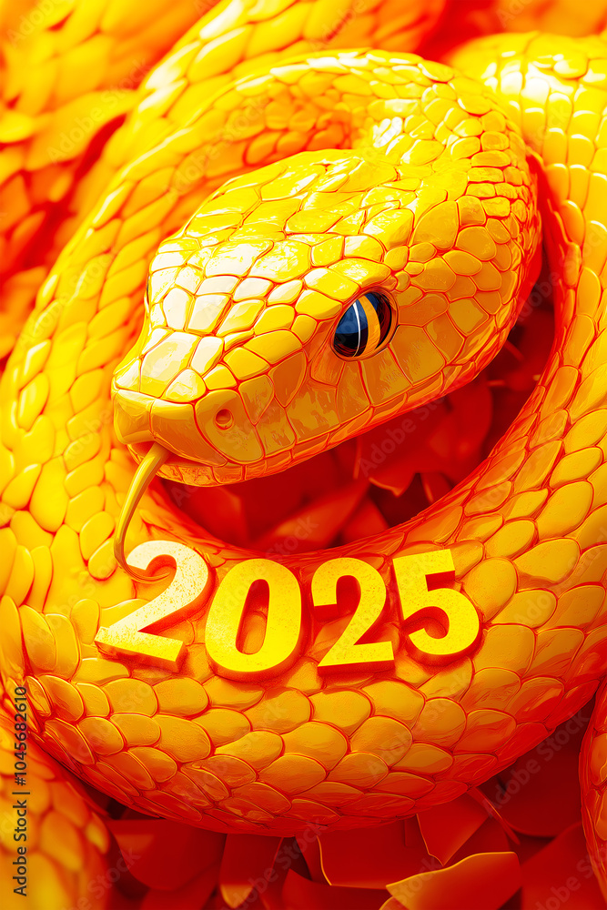 Obraz premium A stunning and bright sculpture of a Red Snake is presented in the decoration of the symbol of the year 2025 according to the Chinese calendar. New Year, gifts, congratulations. Vertical