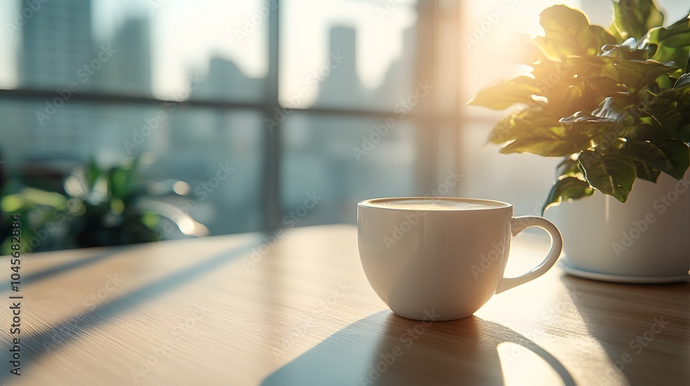 Morning coffee in a bright, modern setting with sunlight streaming through a window. Morning coffee in a bright, modern setting with sunlight streaming through a window.