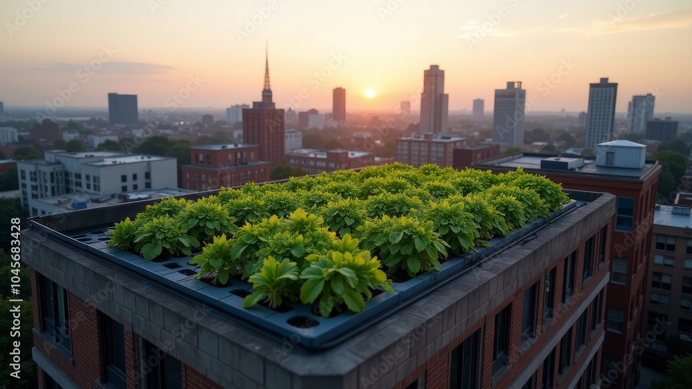 Fototapeta premium Lush Green Rooftop Farm on a Commercial Building Overlooking the City at Sunrise
