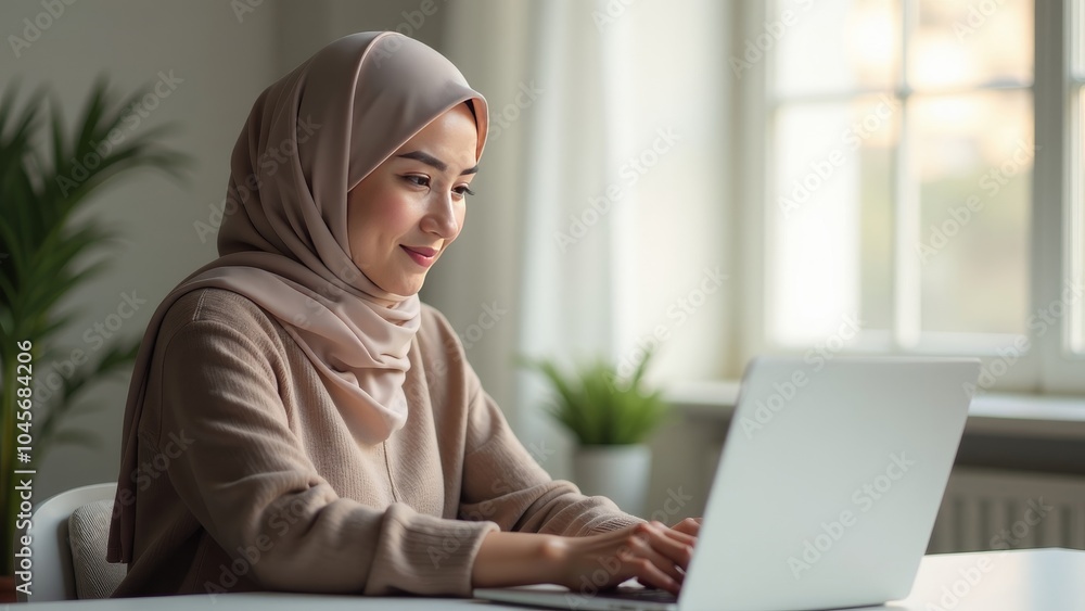Focused Woman in Hijab Working on Laptop in Sunlit Minimalist Room Focused Woman in Hijab Working on Laptop in Sunlit Minimalist Room