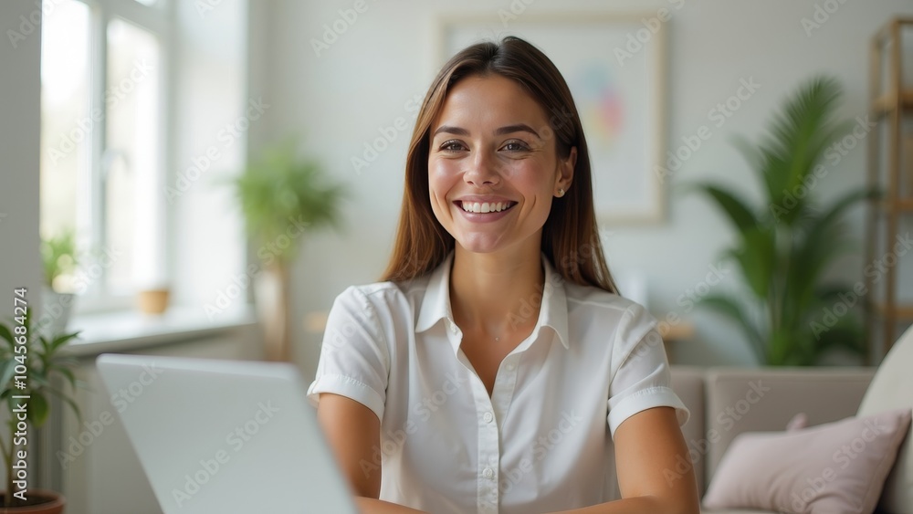 Confident Female Professional Smiling on a Video Call in a Bright Home Office Confident Female Professional Smiling on a Video Call in a Bright Home Office