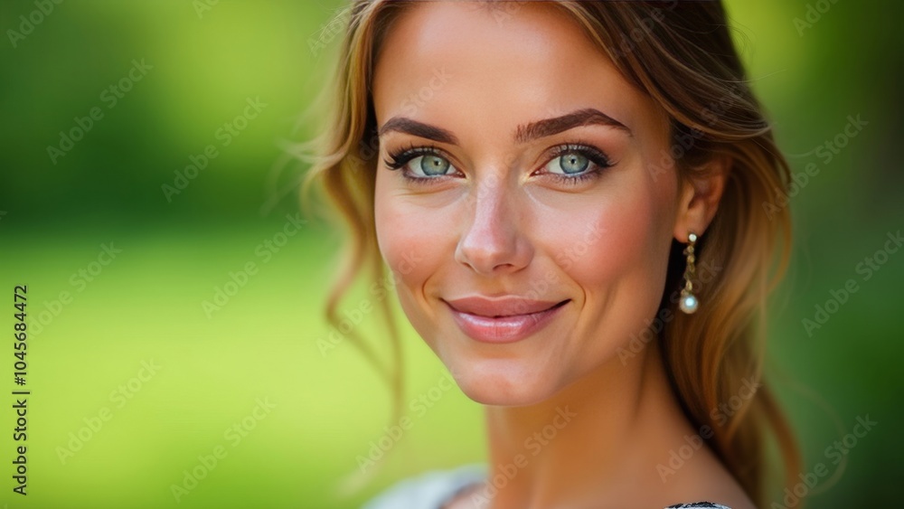 Naklejka premium Confident Smiling Woman with Beautiful Blue Eyes in Outdoor Setting