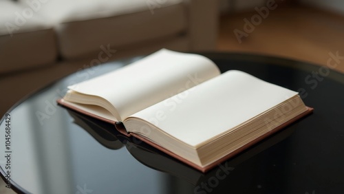 Open Hardcover Book on a Modern Coffee Table with a Reflective Surface