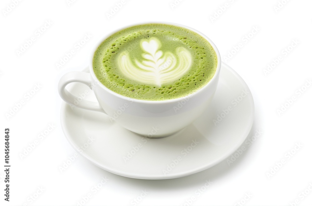 Green Tea Latte with Matcha and Stunning Latte Art on White Setting Green Tea Latte with Matcha and Stunning Latte Art on White Setting