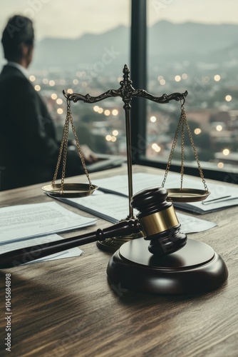 Close-up Justice Elegant Gavel and Scales on Wood Table in Legal Setting - Concept of Authority and Balance photo