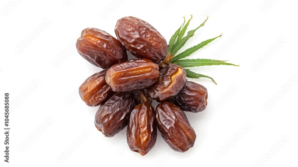 Big Medjool Dates and Palm Leaf on a White Background Big Medjool Dates and Palm Leaf on a White Background
