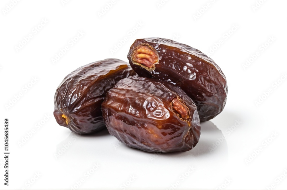 Big Royal Medjool Dates with Wrinkled Skin on White Background Big Royal Medjool Dates with Wrinkled Skin on White Background