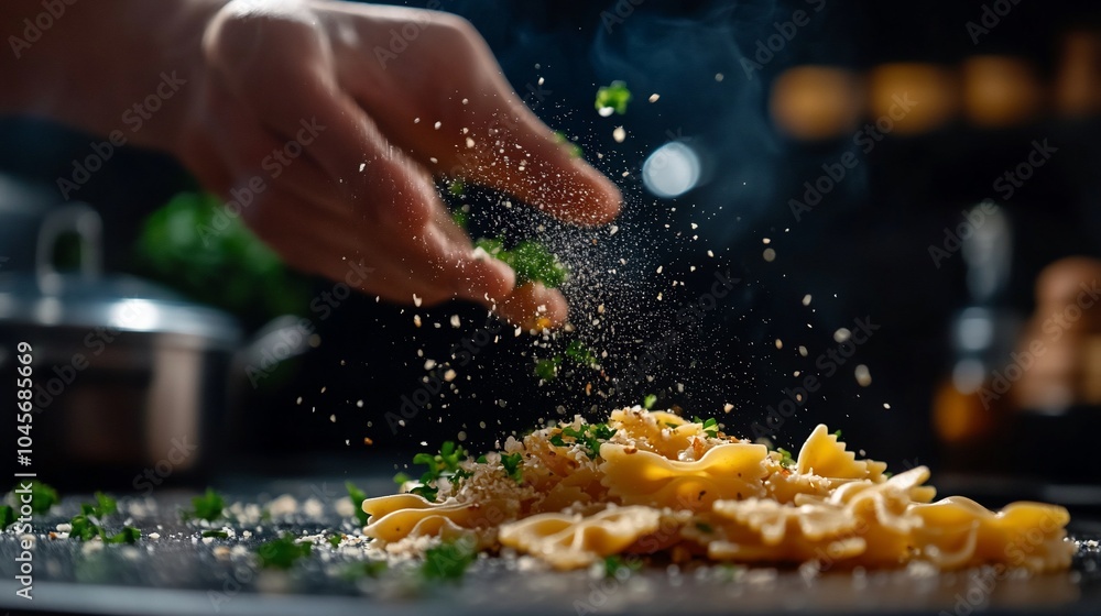 A hand sprinkling fresh parsley and grated cheese on a plate of steaming pasta. A hand sprinkling fresh parsley and grated cheese on a plate of steaming pasta.