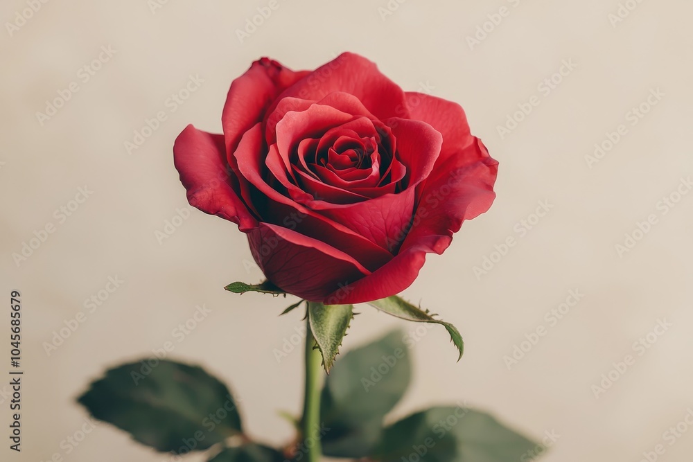 Elegant Red Rose Closeup on Neutral Background - Romantic Floral Beauty for Valentine's Day or Wedding Concept Elegant Red Rose Closeup on Neutral Background - Romantic Floral Beauty for Valentine's Day or Wedding Concept