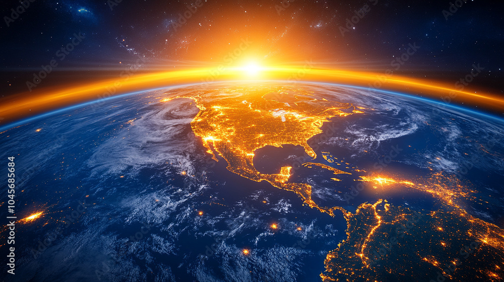 glowing view of Earth from space, showcasing North America illuminated at night. City lights highlight human activity and progress, symbolizing global connectivity, technological advancement, and hope glowing view of Earth from space, showcasing North America illuminated at night. City lights highlight human activity and progress, symbolizing global connectivity, technological advancement, and hope