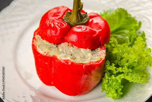 bell pepper stuffed meat and rice tasty food dish second course Fresh delicious gourmet food background on the table rustic food top view copy space top view photo