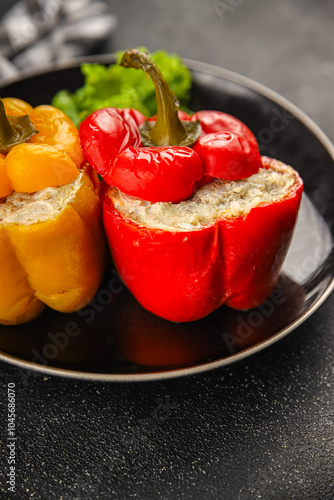 bell pepper stuffed meat and rice tasty food dish second course Fresh delicious gourmet food background on the table rustic food top view copy space top view photo