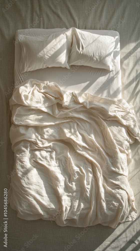 Obraz premium A cozy, unmade bed with wrinkled white sheets and sunlight streaming in the morning