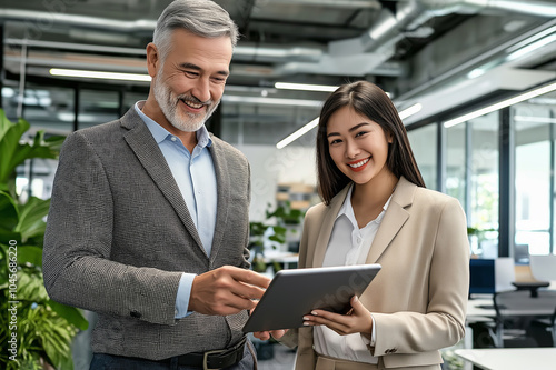 Senior businessman and young professional woman discussing digital strategies on a tablet in a modern office setting, teamwork and corporate collaboration in business environment. photo