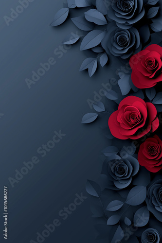 Elegant dark floral pattern background with red and blue roses, perfect for luxury designs, greeting cards, and decorative wallpapers for sophisticated and romantic themes. copy space photo