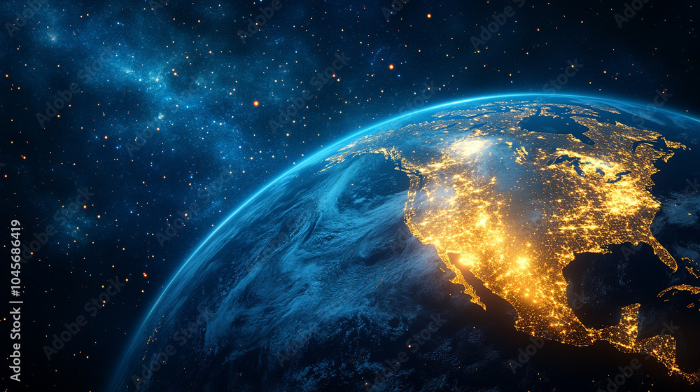 glowing view of Earth from space, showcasing North America illuminated at night. City lights highlight human activity and progress, symbolizing global connectivity, technological advancement, and hope glowing view of Earth from space, showcasing North America illuminated at night. City lights highlight human activity and progress, symbolizing global connectivity, technological advancement, and hope
