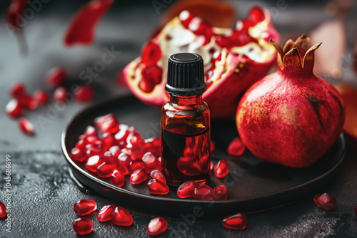 Pomegranate fruits, some halved, cosmetic oil bottle near. Botanical extracts used for beauty products concept. Generative AI