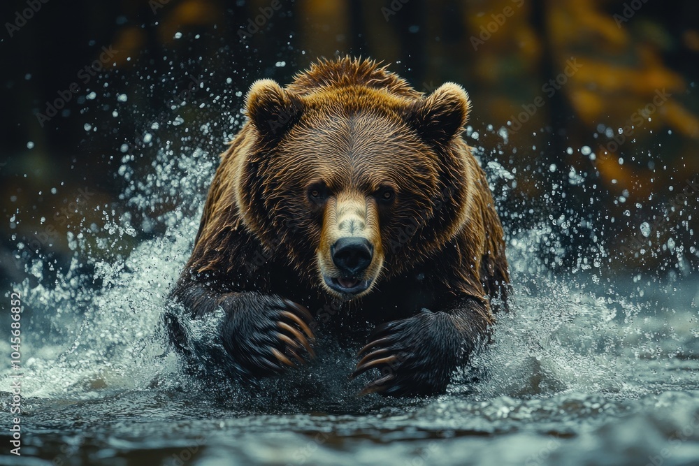 A powerful bear splashes through water, showcasing its strength and agility in a natural setting. A powerful bear splashes through water, showcasing its strength and agility in a natural setting.